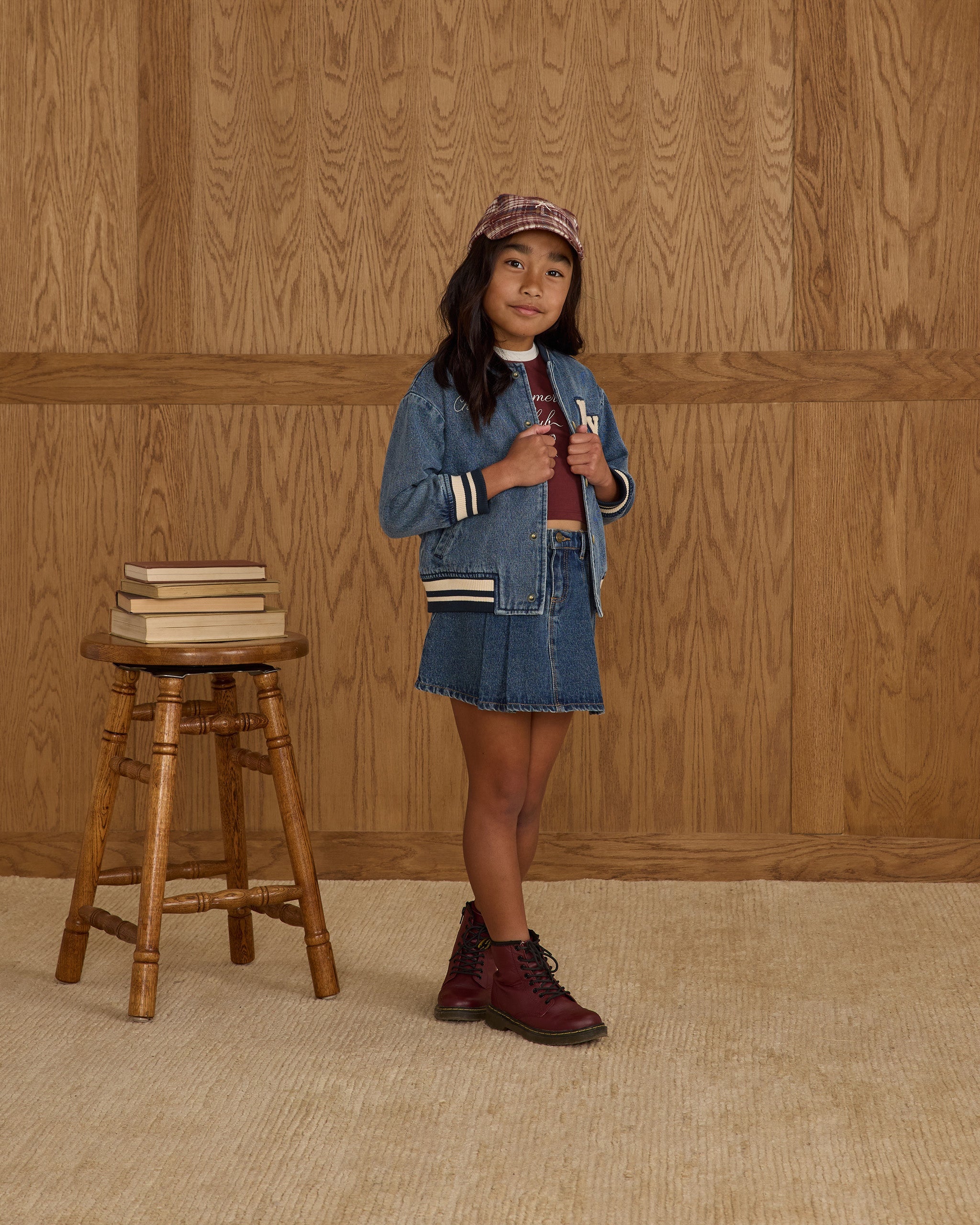 Model Wearing Rylee & Cru Varsity Jacket || Indigo Denim