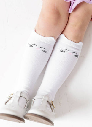 Model Wearing Little Stocking Co. White Cat Knee High Socks