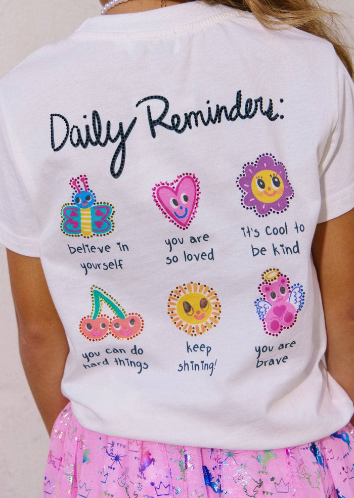 Model Wearing Lola And The Boys Rainbow Daily Reminders T-shirt