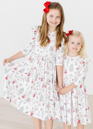 Models Wearing Mila & Rose Clara's Christmas 3/4 Sleeve Ruffle Twirl Dress