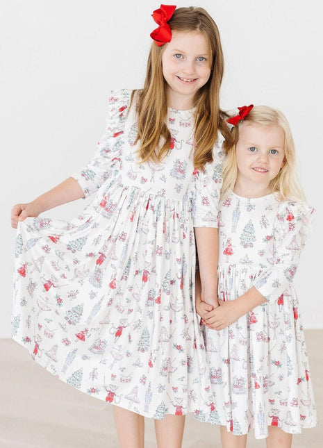 Models Wearing Mila & Rose Clara's Christmas 3/4 Sleeve Ruffle Twirl Dress
