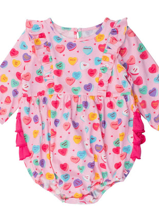 Rufflebutts + Ruggedbutts Baby Girls Be My Valentine Knit Long Sleeve Waterfall Bubble Romper Front