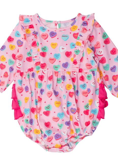 Rufflebutts + Ruggedbutts Baby Girls Be My Valentine Knit Long Sleeve Waterfall Bubble Romper Front