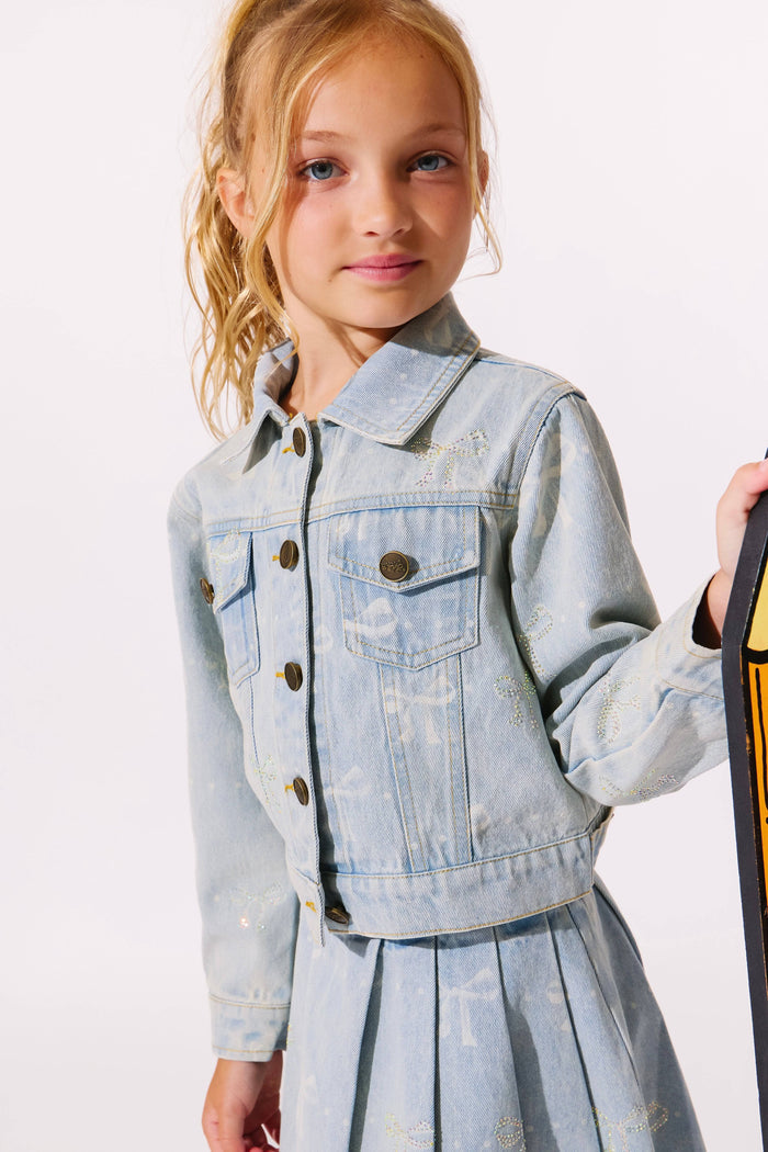 Model Wearing Lola And The Boys Sparkle Bows Denim Jacket