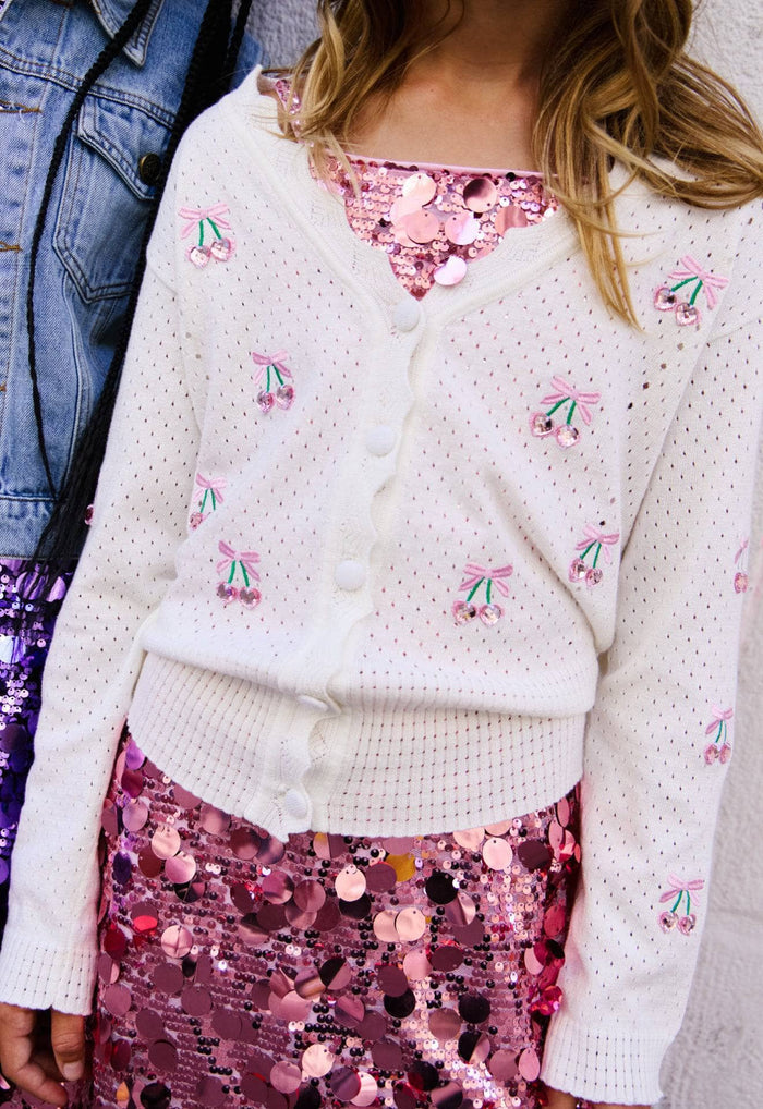Model Wearing Lola And The Boys Cherry on Top Cardigan