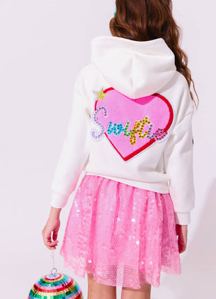 Model Wearing Lola & The Boys Swiftie Lovers Hoodie