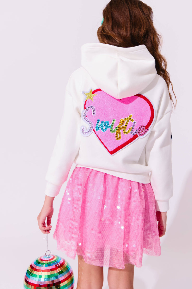 Model Wearing Lola & The Boys Swiftie Lovers Hoodie