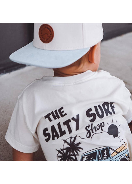 Model Wearing AK Clothing Company, LLC Salty Surf Shop Graphic Tee