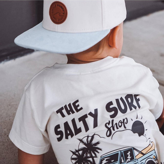 Model Wearing AK Clothing Company, LLC Salty Surf Shop Graphic Tee