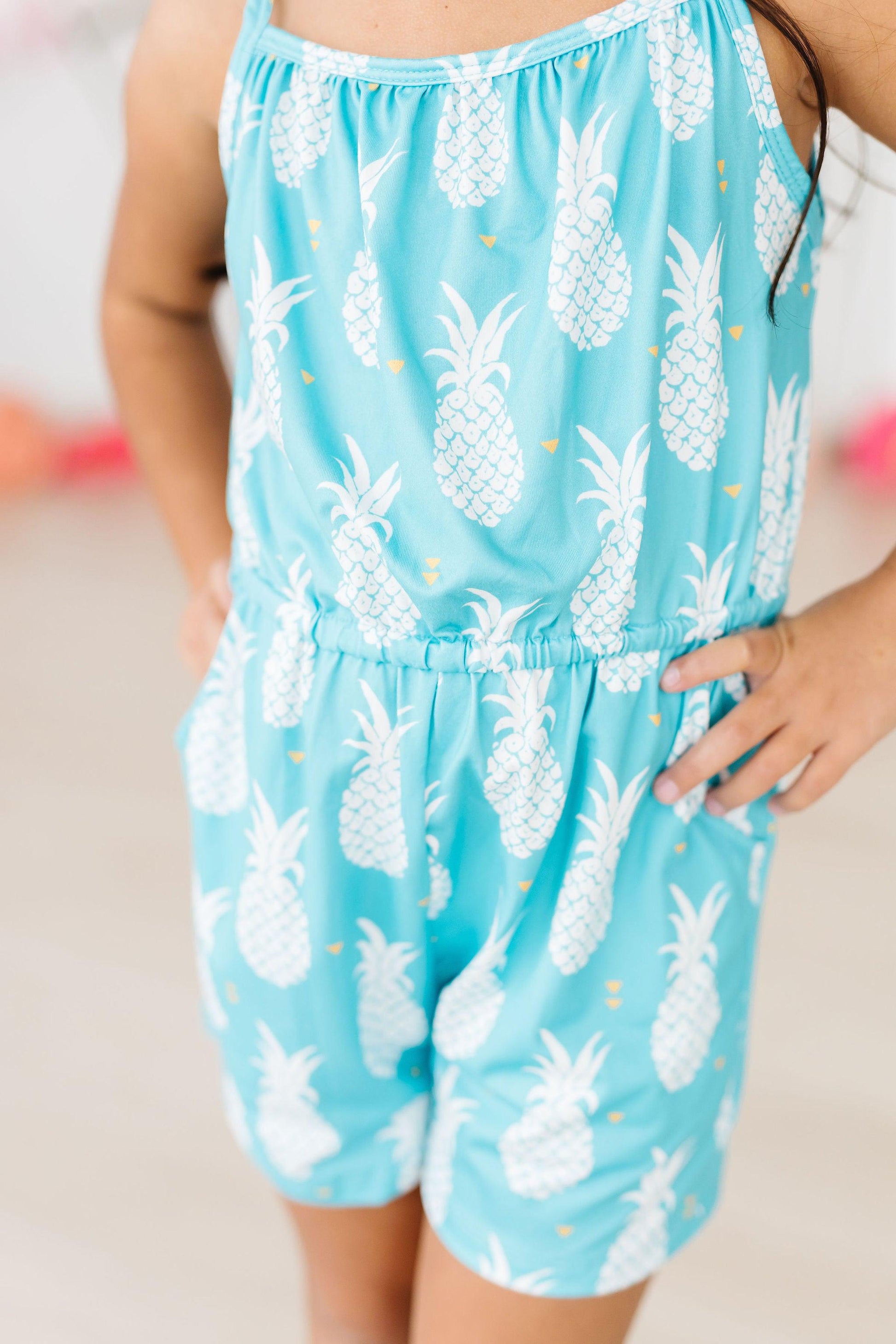 Model Wearing Mila & Rose Pineapple Party Strappy Play Romper