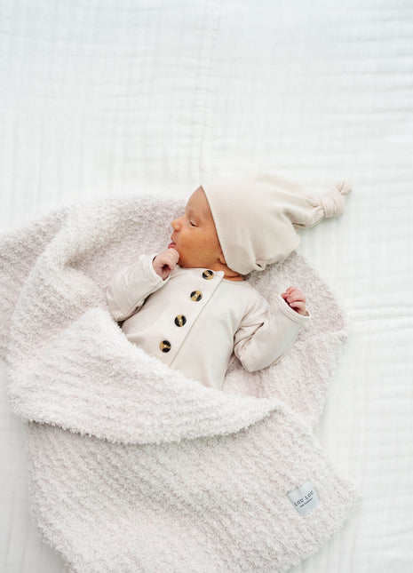 Model Using Lou Lou & Company Chenille Blanket - Dune - Small