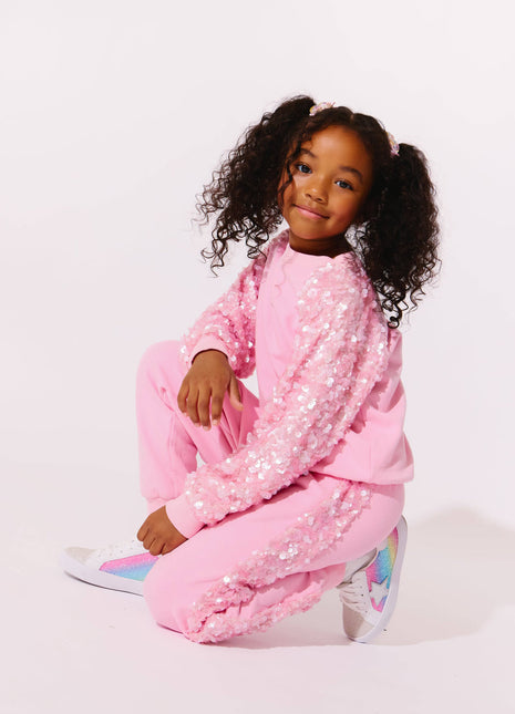 Model Wearing Lola And The Boys Pink Sequin Joggers Set
