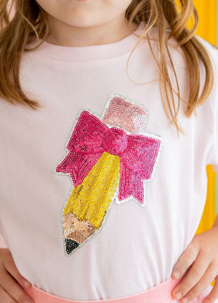 Model Wearing Sweet Winks Pencil Bow Sequin Patch Short Sleeve T-Shirt - Ballet