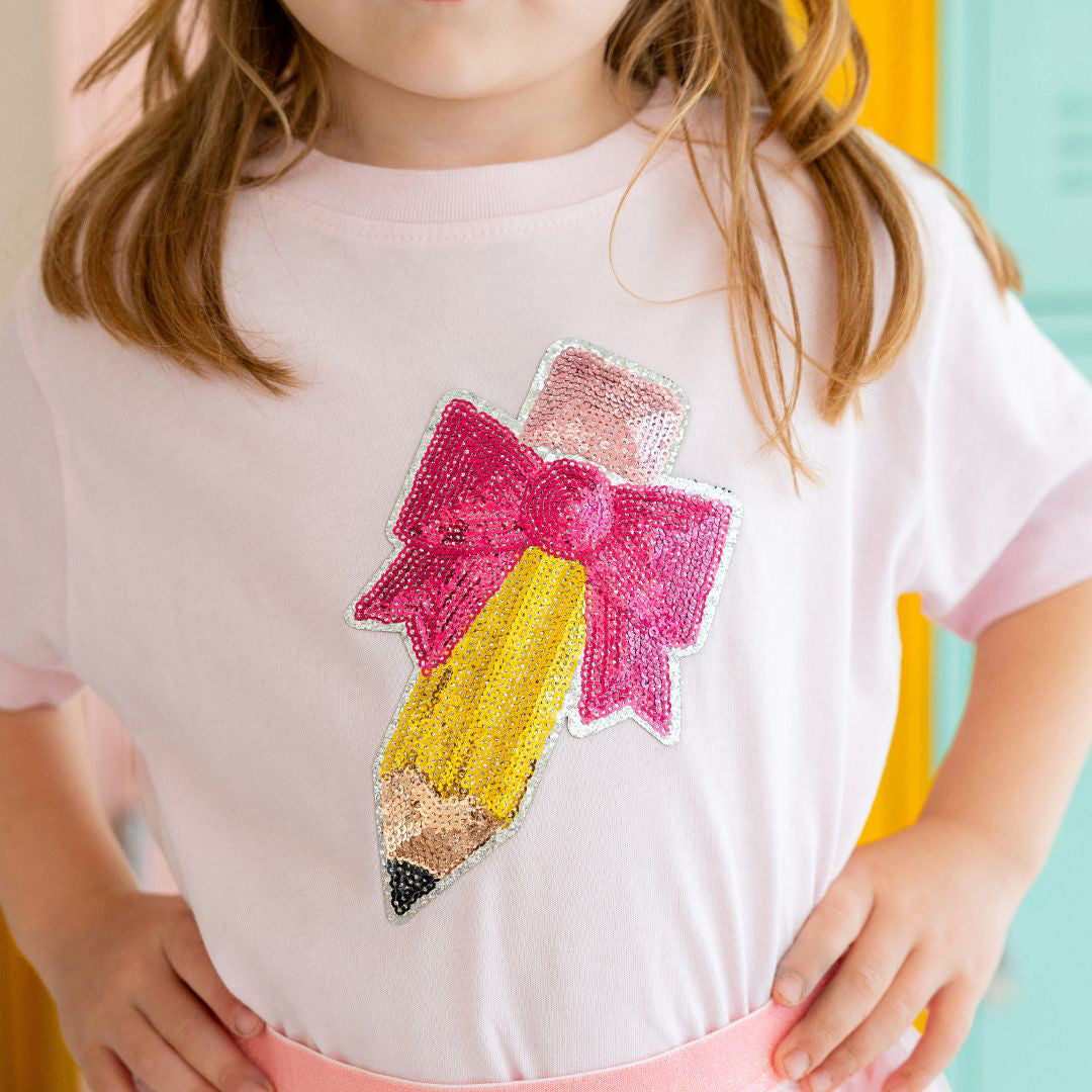 Model Wearing Sweet Winks Pencil Bow Sequin Patch Short Sleeve T-Shirt - Ballet