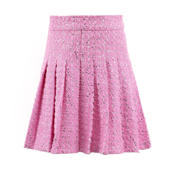 Lola And The Boys Pink Denim Sparkle Pleated Skirt Front