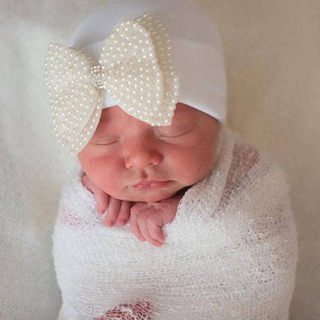 Ilybean Pink Hat with Pearl Bow Newborn Girl Hospital Hat