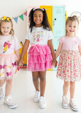 Model Wearing Sweet Winks Pencil Bow Sequin Patch Short Sleeve T-Shirt - Ballet