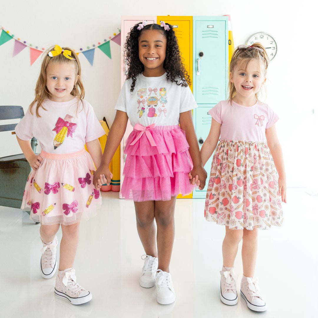 Model Wearing Sweet Winks Pencil Bow Sequin Patch Short Sleeve T-Shirt - Ballet
