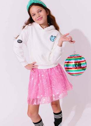 Model Wearing Lola & The Boys Swiftie Lovers Hoodie