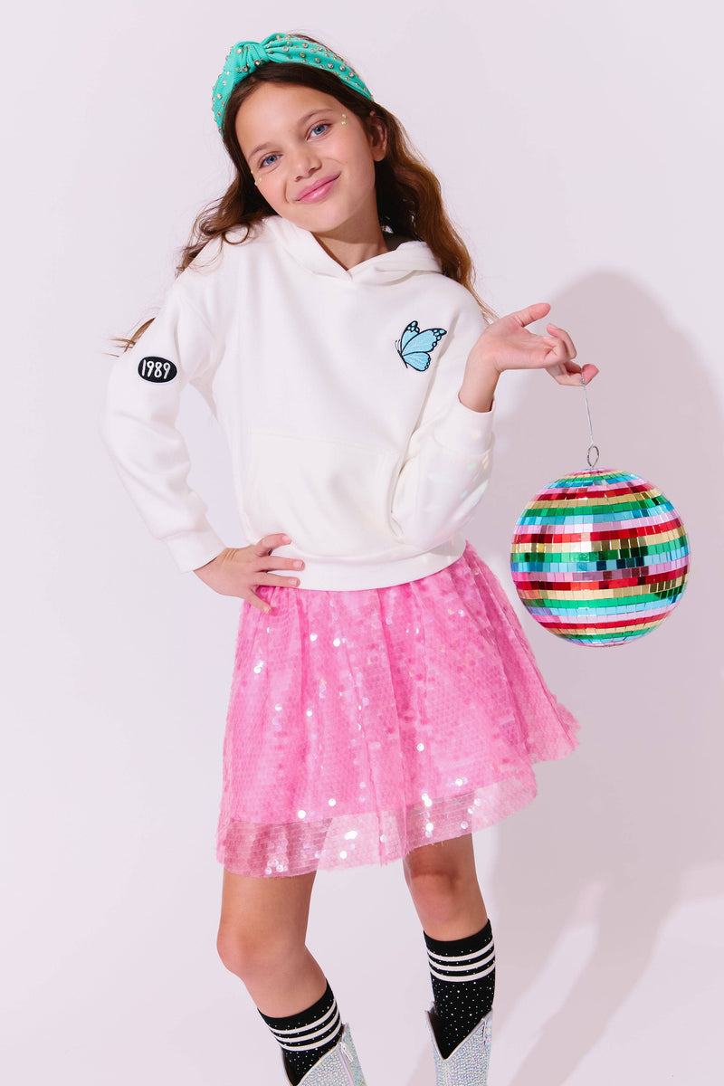 Model Wearing Lola & The Boys Swiftie Lovers Hoodie