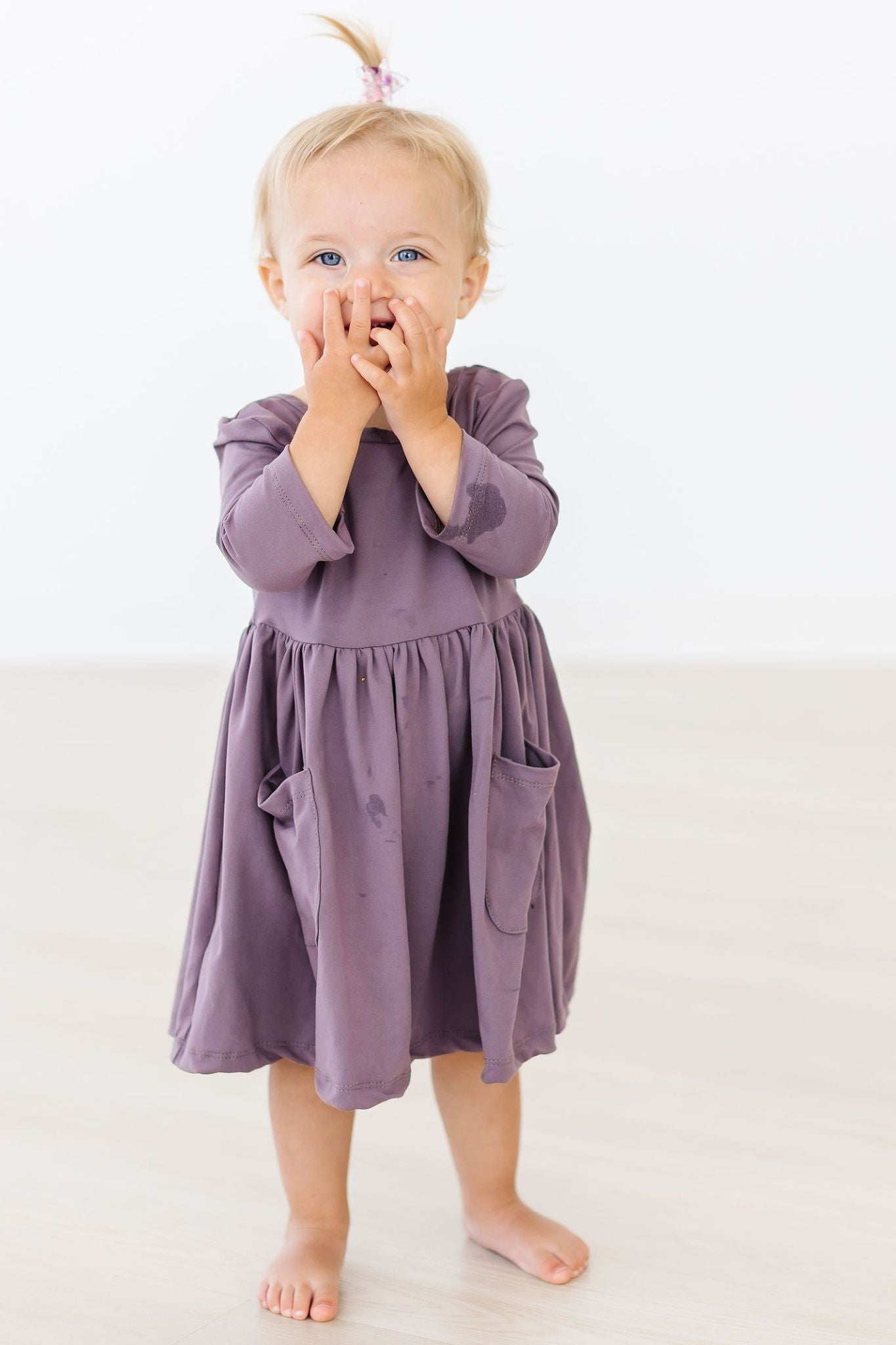 Model Wearing Mila & Rose Vintage Violet 3/4 Sleeve Pocket Twirl Dress
