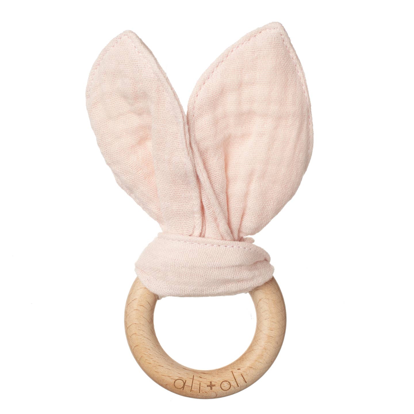 Ali + Oli Crinkle Bunny Ears Wooden Ring Teething Toy For Baby (Pink)