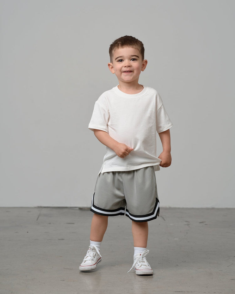 Model Wearing Little Bipsy Varsity Mesh Short - Grey