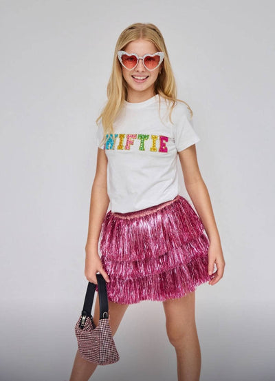 Model Wearing Lola & The Boys Rainbow Crystal SWIFTIE T-shirt
