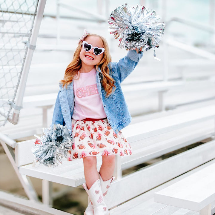 Model Wearing Sweet Wink Cheer Pearl Patch Short Sleeve T-Shirt - Ballet