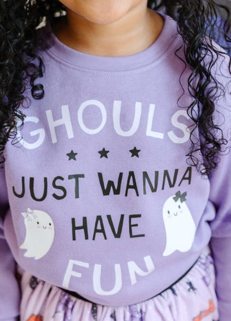 Model Wearing Sweet Winks Ghouls Just Wanna Have Fun Halloween Sweatshirt - Lavender