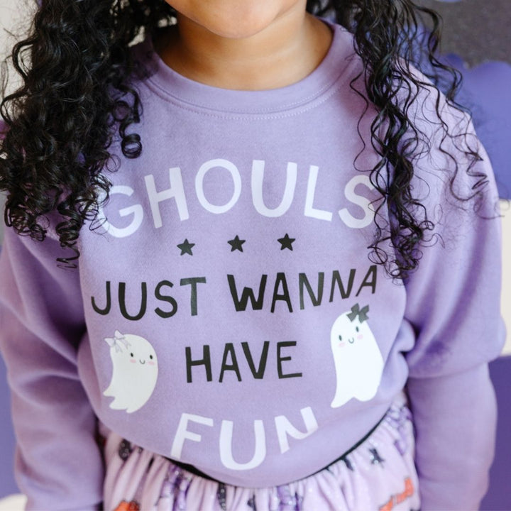 Model Wearing Sweet Winks Ghouls Just Wanna Have Fun Halloween Sweatshirt - Lavender