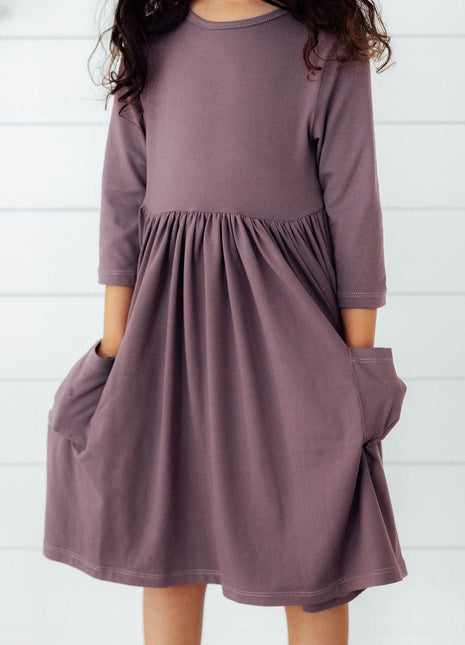 Model Wearing Mila & Rose Vintage Violet 3/4 Sleeve Pocket Twirl Dress