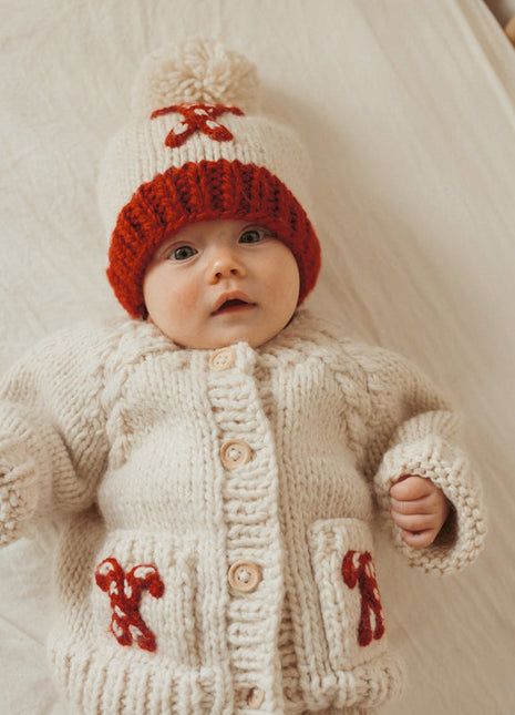 Model Wearing Huggalugs Candy Cane Cardigan Sweater & Beanie 