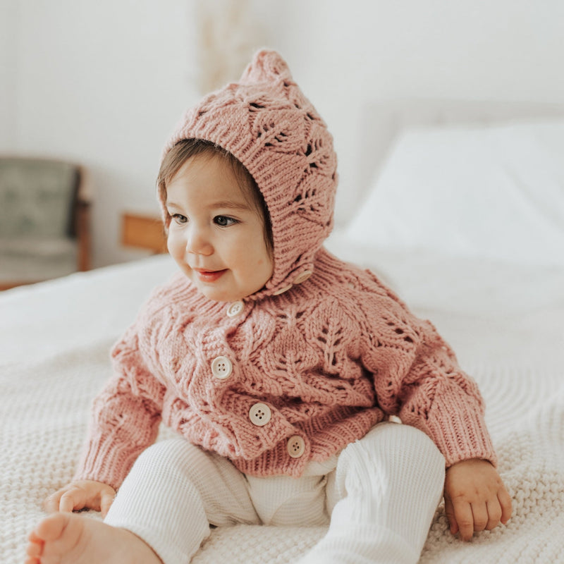 Model Wearing Huggalugs Leaf Lace Bonnet Rosy