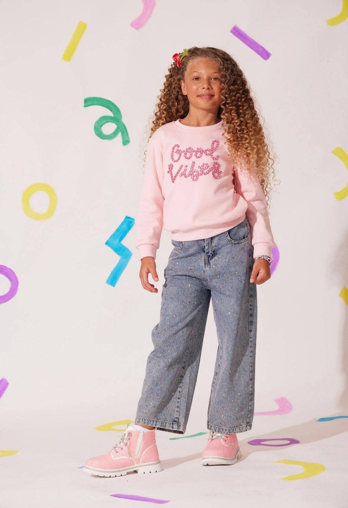 Model Wearing Lola And The Boys Sparkling Good Vibes Sweatshirt