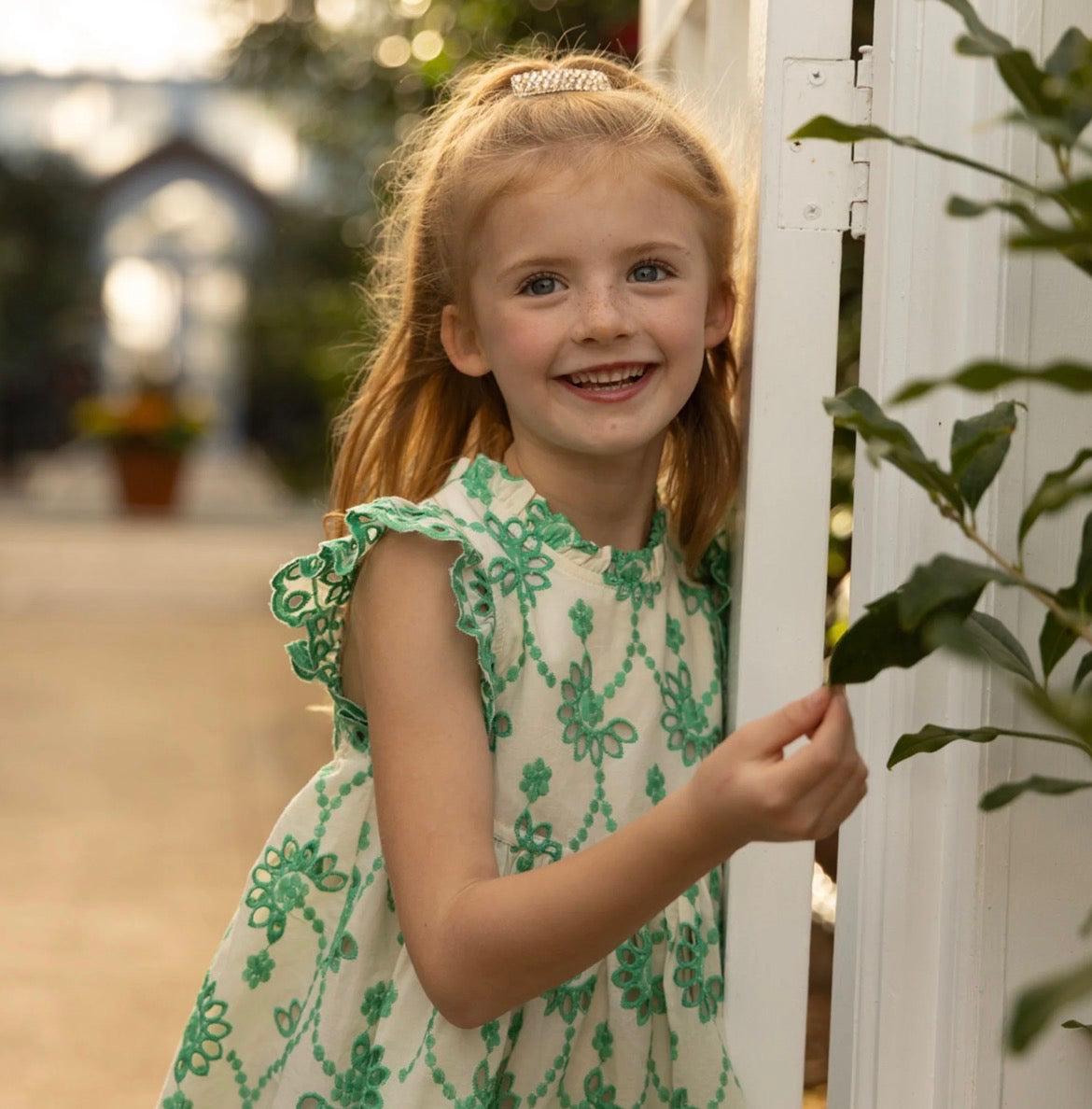 Model Wearing Pink Chicken Girls Cynthia Dress - Kelly Green