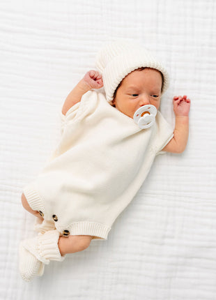 Model Wearing Lou Lou & Company Knit Beanie - Ivory