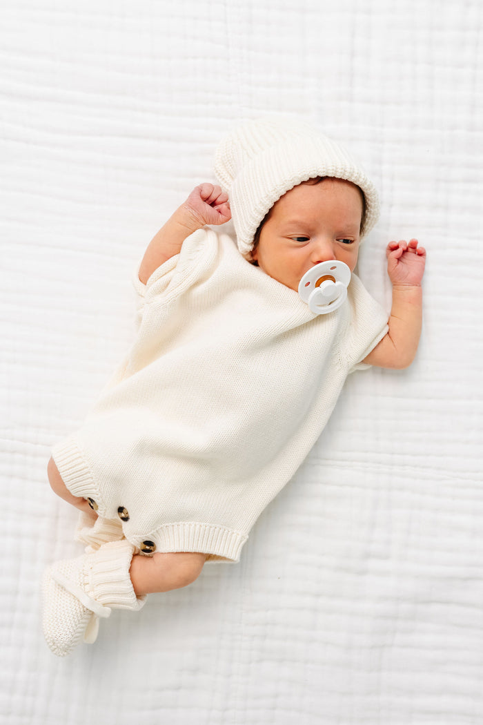 Model Wearing Lou Lou & Company Knit Beanie - Ivory