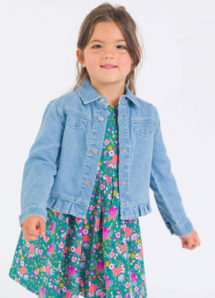 Model Wearing Rufflebutts & Ruggedbutts Girls Light Wash Denim Stretch Denim Ruffle Jean Jacket with Heart Buttons