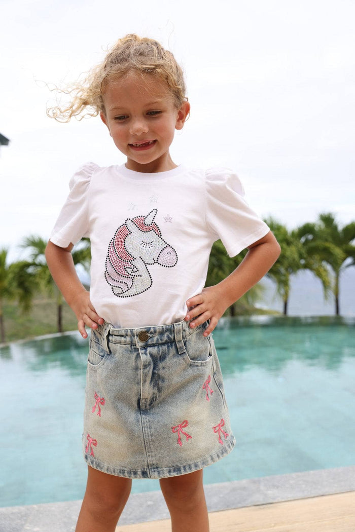 Model Wearing Lola And The Boys Cutie Bows Denim Skirt