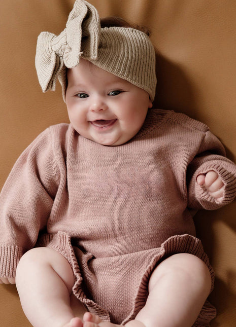 Model Wearing Pine Kids Frill Leg Knit Romper - Vintage Rose