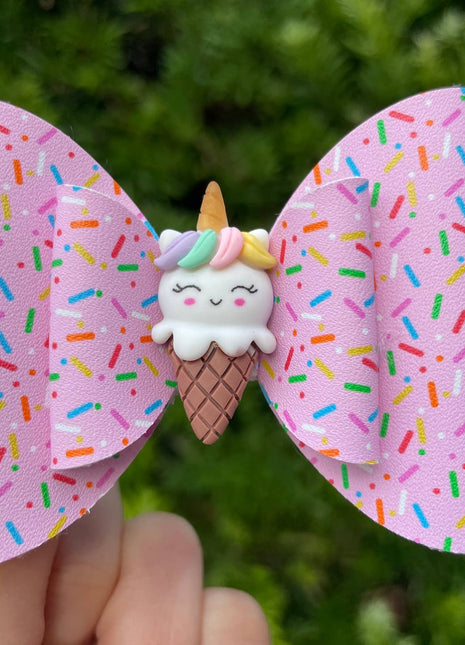 Little Lemon Unicorn Ice Cream Hair Bow – Vegan Leather, 4 Inch