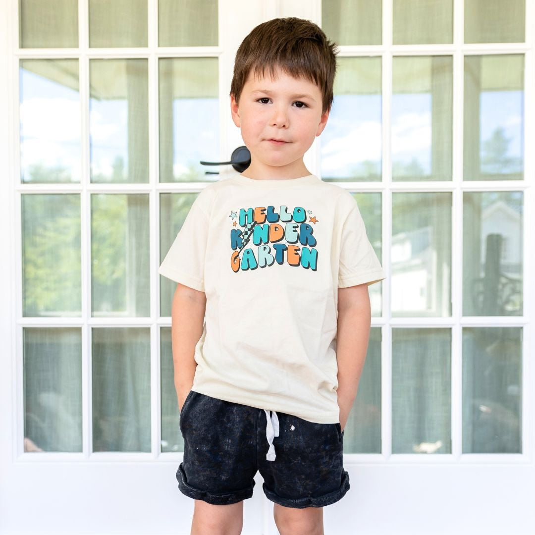 Model Wearing Sweet Wink Hello Kindergarten Short Sleeve T-Shirt - Natural