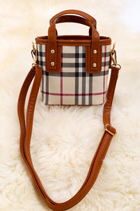 Kids Charm Online Plaid printed mini tote bag with caramel trim. BBG40031 M