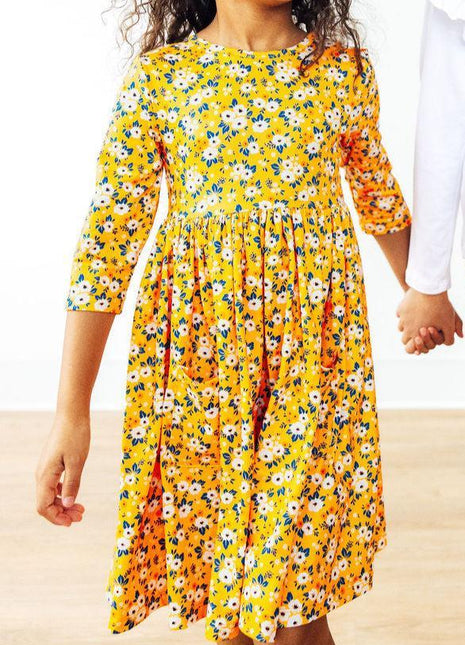 Model Wearing Mila & Rose Fall Floral 3/4 Sleeve Pocket Twirl Dress