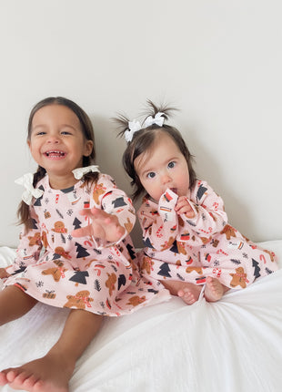 Models Wearing SpearmintLOVE Organic Waffle Simple Dress & Bloomer, Gingerbread Wonderland Blush