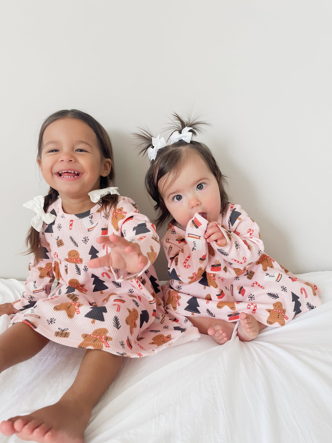 Models Wearing SpearmintLOVE Organic Waffle Simple Dress & Bloomer, Gingerbread Wonderland Blush