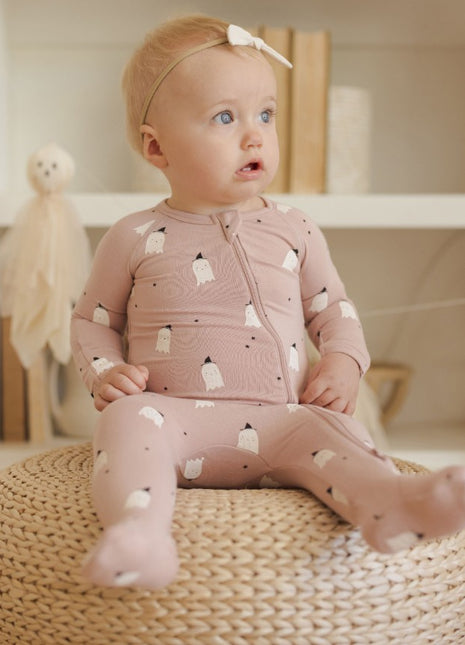 Model Wearing Quincy Mae Bamboo Zip Footie || Pink Ghosts