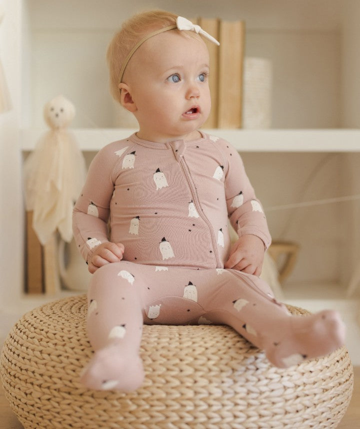 Model Wearing Quincy Mae Bamboo Zip Footie || Pink Ghosts