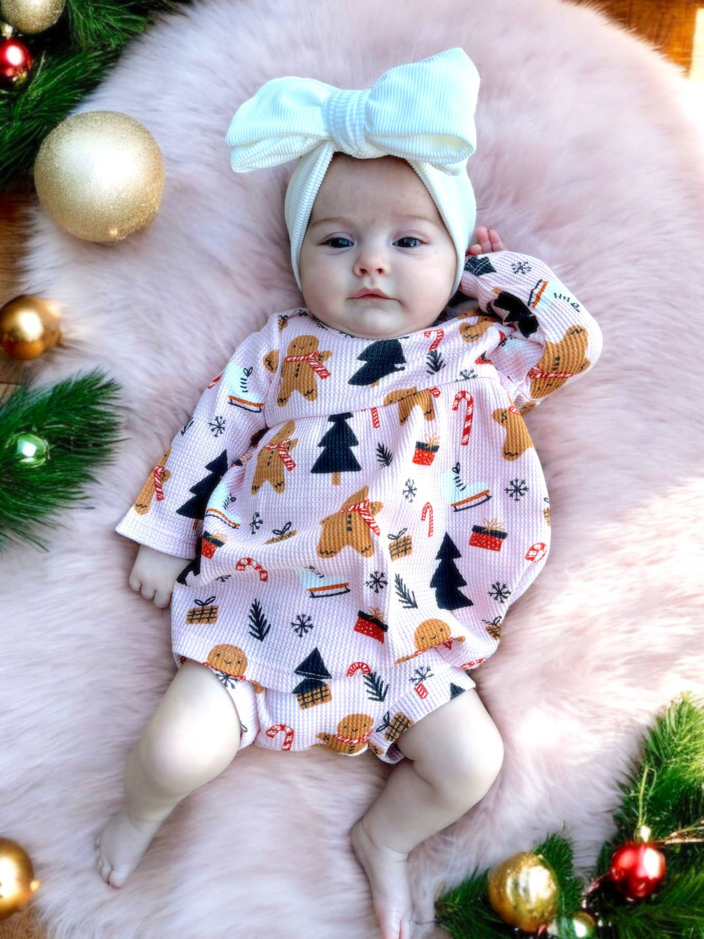 Model Wearing SpearmintLOVE Organic Waffle Simple Dress & Bloomer, Gingerbread Wonderland Blush
